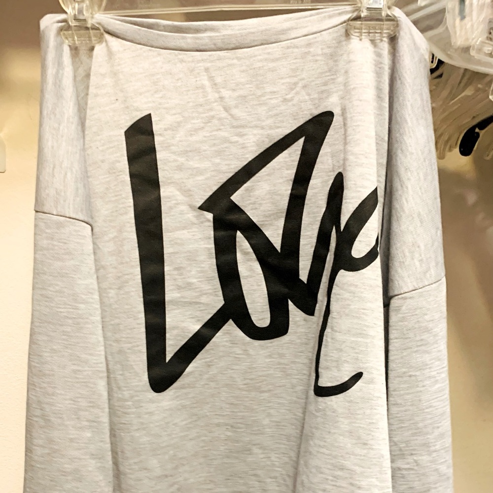 Light grey off-the-shoulder top with long sleeves